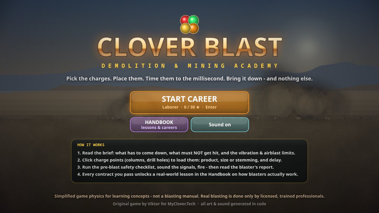 CLOVER BLAST: Demolition and Mining Academy title screen with quarry blasts going off