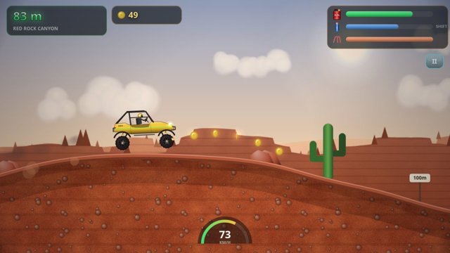 CLOVER CLIMB: a gold side-by-side UTV with a roll cage races over red rock hills past a saguaro cactus, collecting coins