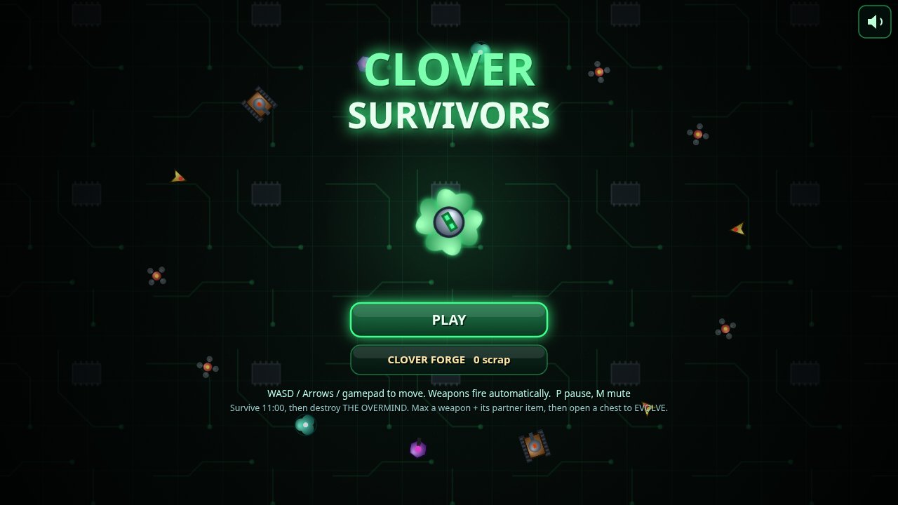 CLOVER SURVIVORS title screen with the clover bot circled by a robot swarm