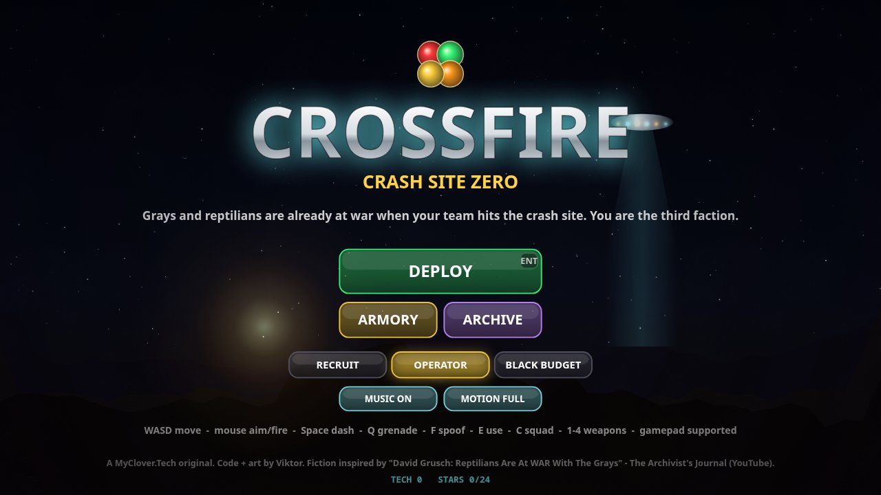 CROSSFIRE: Crash Site Zero title screen with a saucer beaming down over a burning crash site