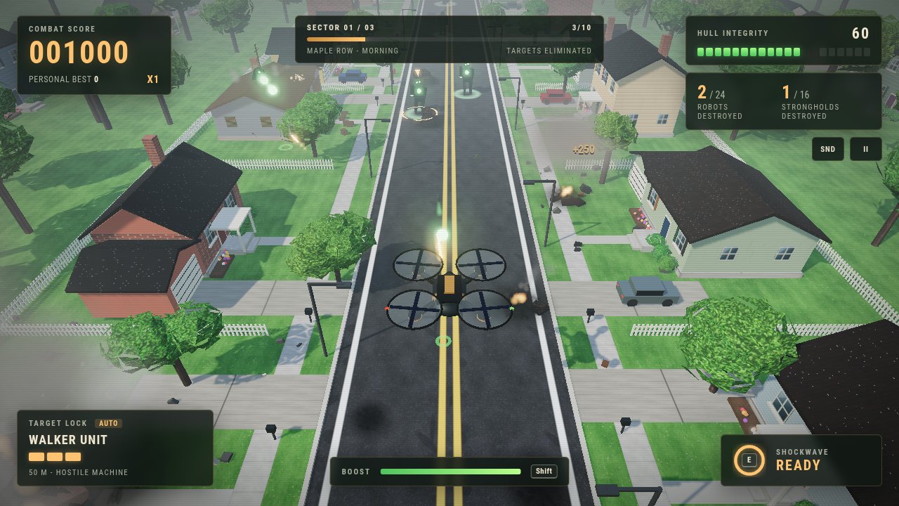 DEAD CIRCUIT: WARZONE: a combat drone flies down a sunny suburban street, firing at glowing-eyed zombie robots while a machine stronghold burns