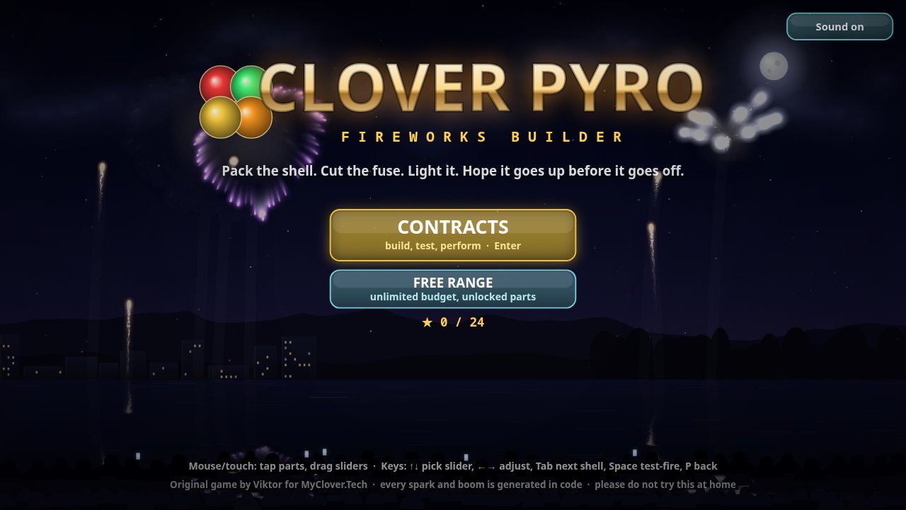 CLOVER PYRO: Fireworks Builder title screen with fireworks bursting over a lake at night