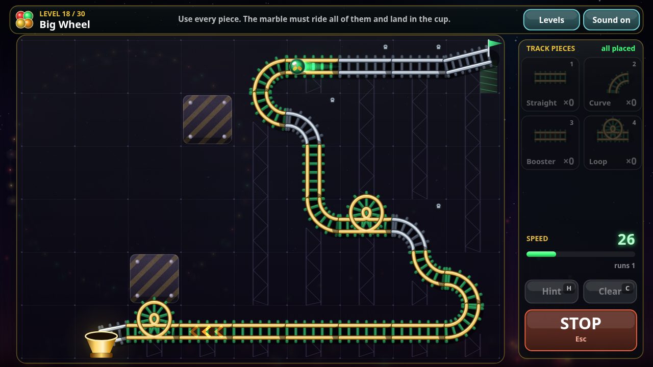 CLOVER COASTER: a glass marble racing along a gold rollercoaster track with loops and boosters