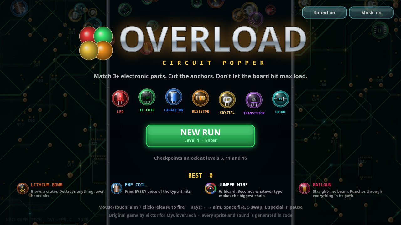 OVERLOAD: Circuit Popper title screen with LED, chip, capacitor and resistor bubbles