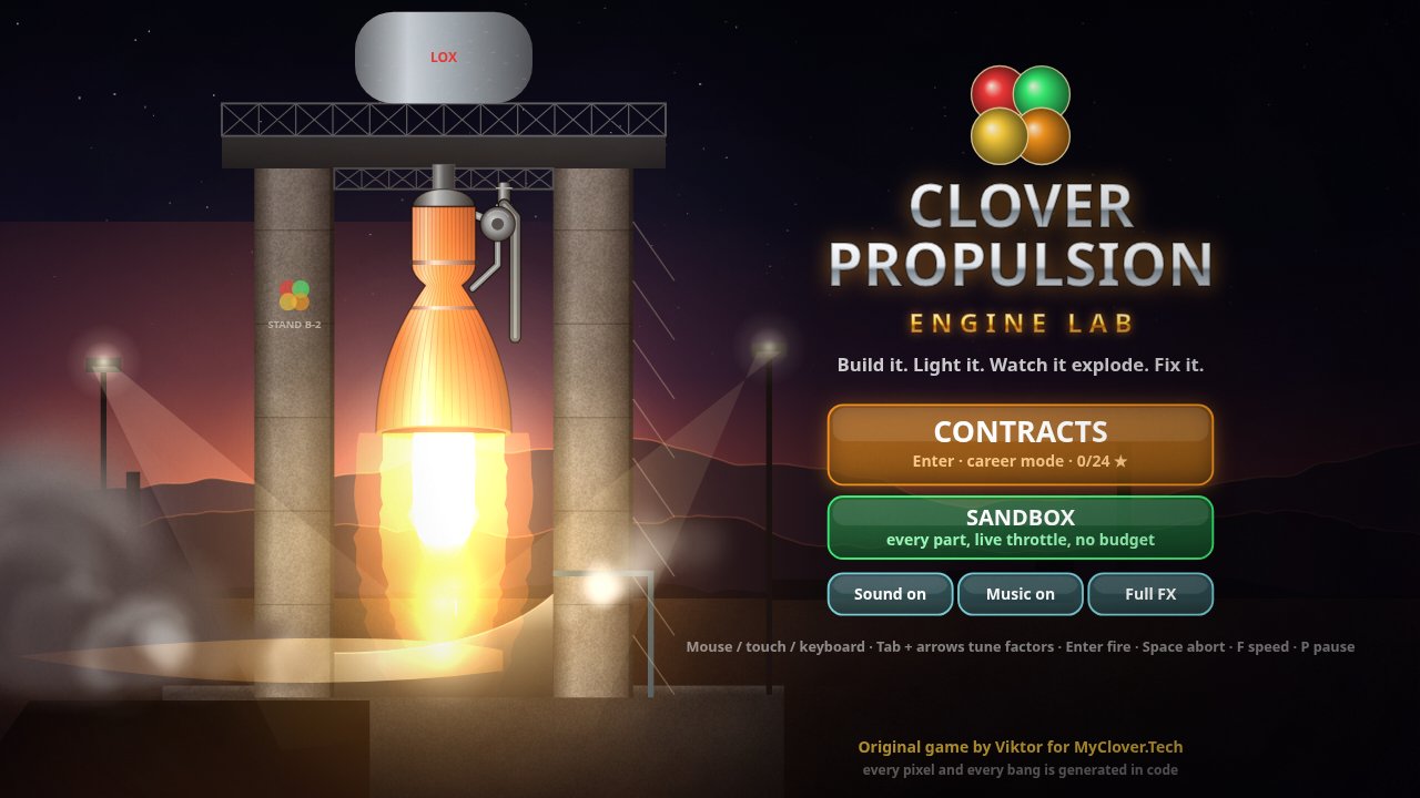 CLOVER PROPULSION: Engine Lab title screen with a rocket engine firing on a test stand at dusk
