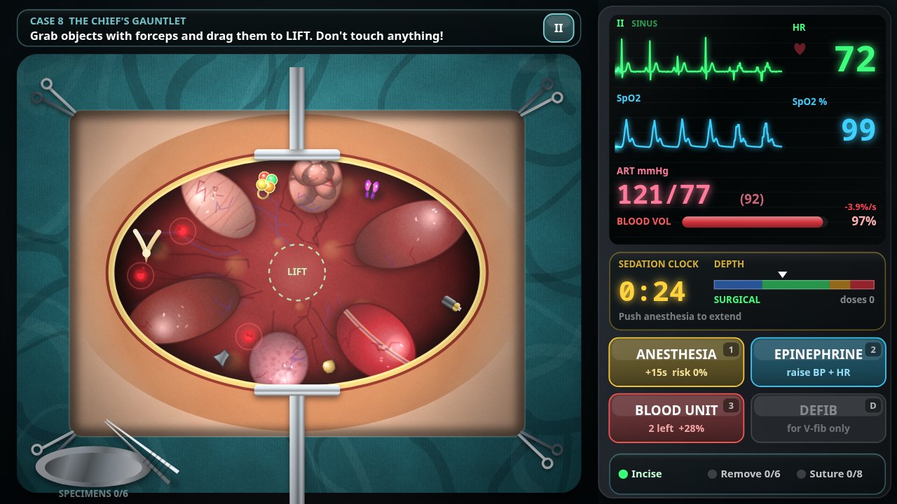 SCRUB IN surgery game: open patient with organs and foreign objects