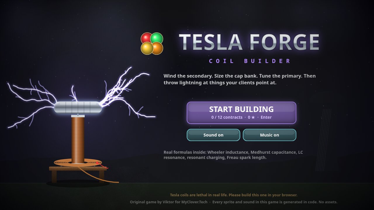 TESLA FORGE: Coil Builder title screen with a Tesla coil throwing lightning